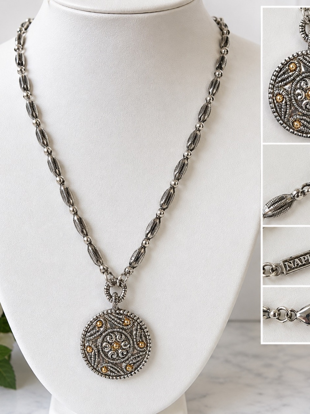 Vintage Napier Silver-Tone Ornate Round Medallion Pendant Necklace